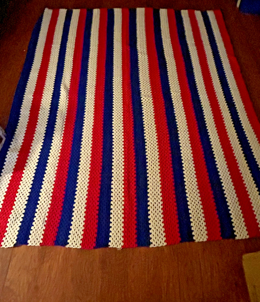 Handmade Crocheted Blanket Red White Blue Afghan Throw 65x81