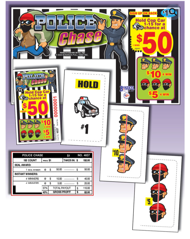 Pull Tab Ticket - Hard Card - Game- 5 Pack - Police Chase - 192 ct ea