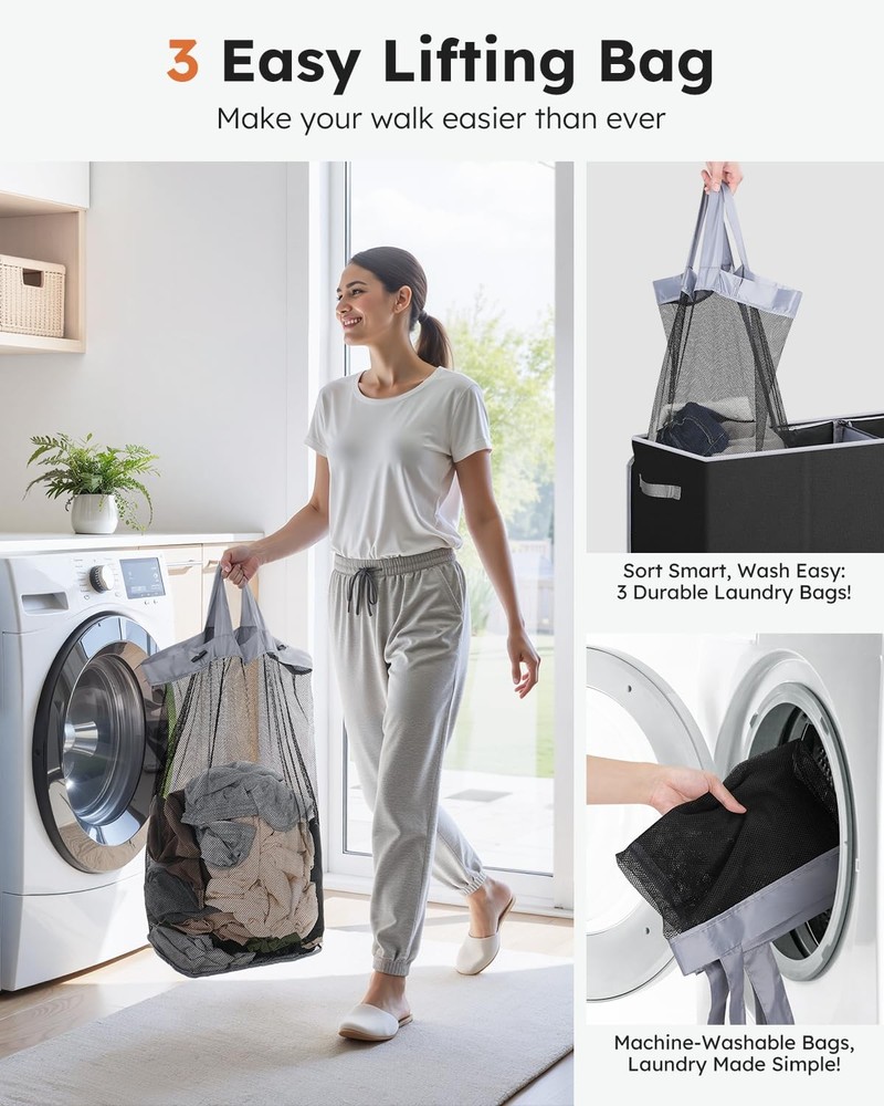160L 3 Section Laundry Hamper with Lid Extra Large Clothes Basket Organizer