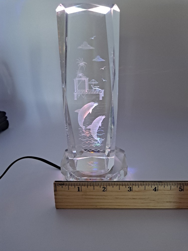 Crystal 3D Laser Etched Dolphins With Lighted Base
