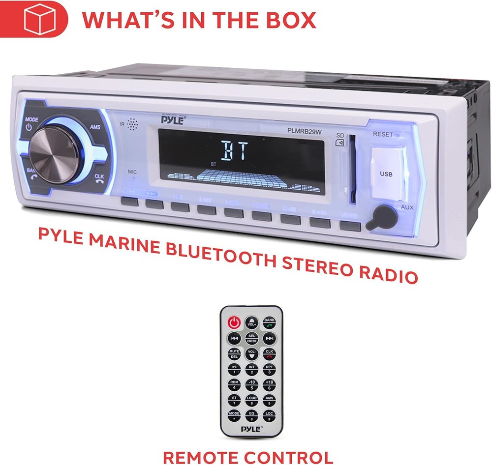 Single DIN Marine Stereo Receiver Bluetooth White PLMRB29W