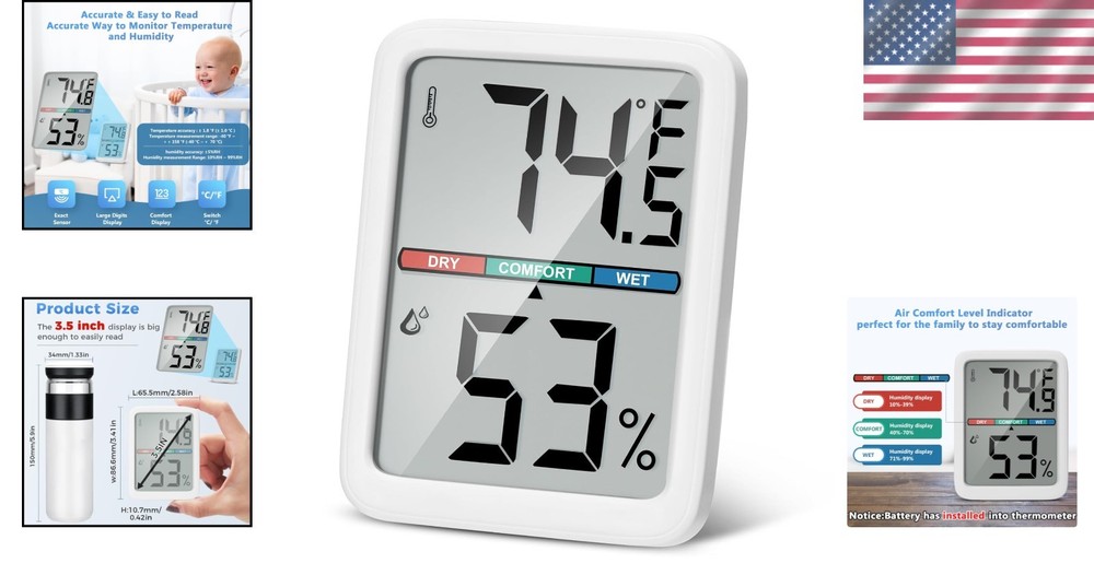 Precision Digital Thermometer & Hygrometer with Large LCD & Multiple Mounting...