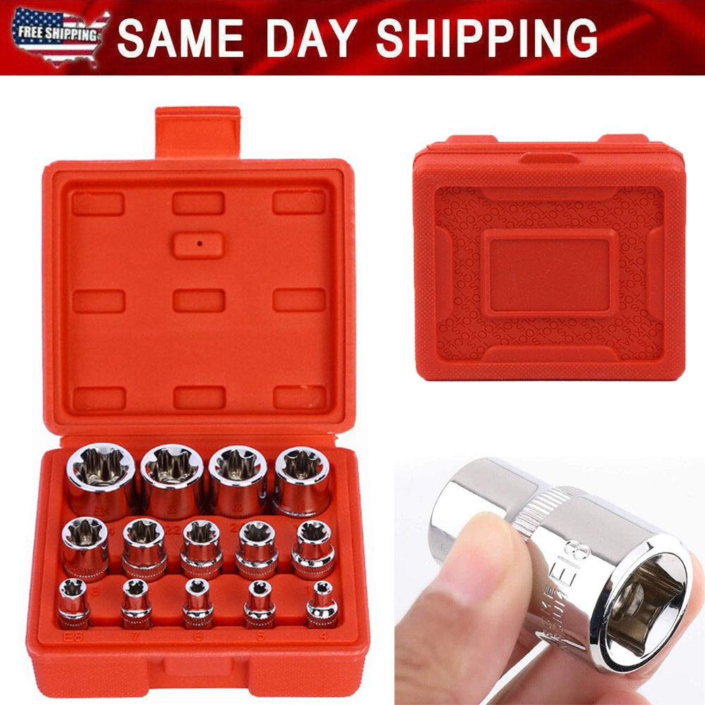 14PCS E Torx Star Female Socket Set E4-E24 1/2" 3/8" 1/4" Drive Storage Case