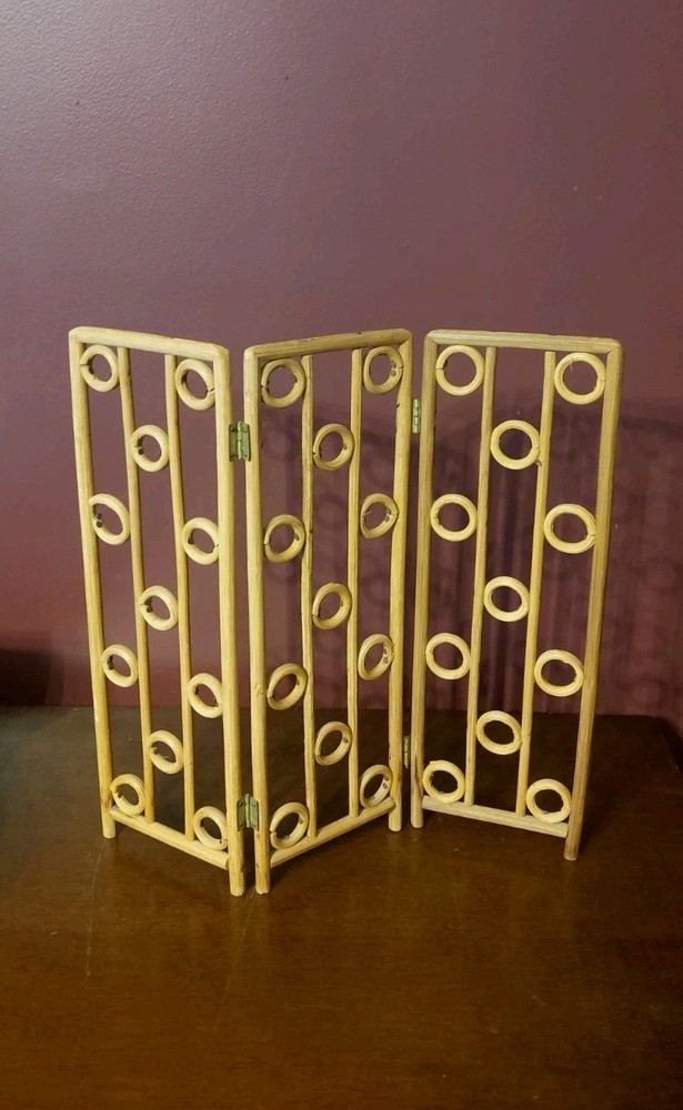 Vintage MCM 12" Small Wood Table Top 3 Panel Geometric Folding Screen Boho Chic