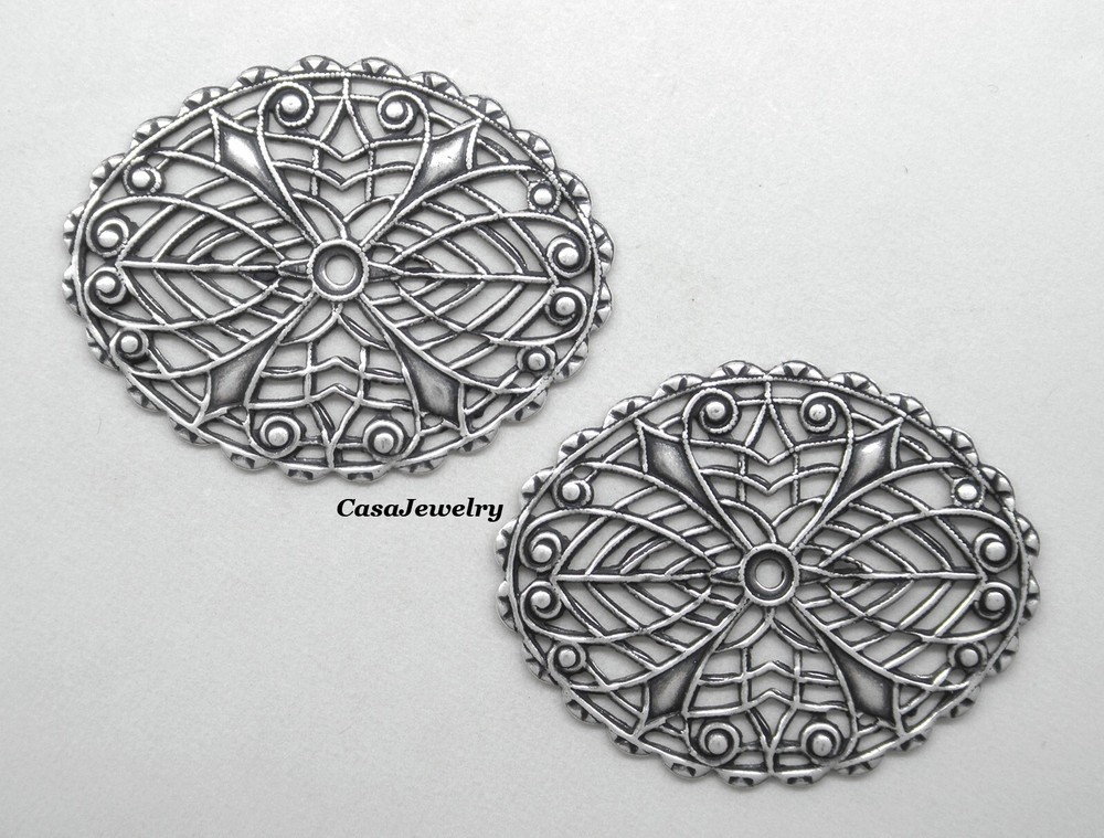 #5038 ANTIQUED STERLING SILVER PLATED OVAL OPEN FILIGREE COMPONENT - 2pc
