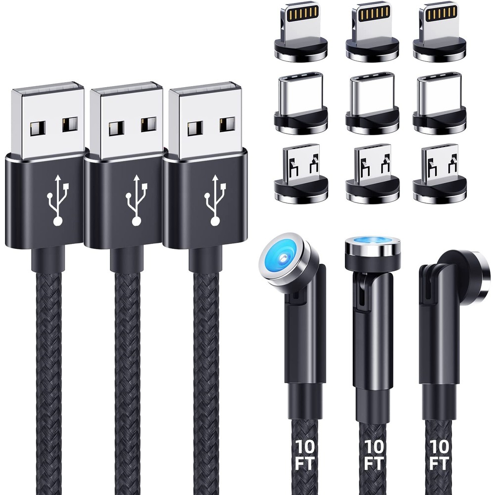 Magnetic Charging Cable [3-Pack,10FT/10FT/10FT] 540° Rotating Black
