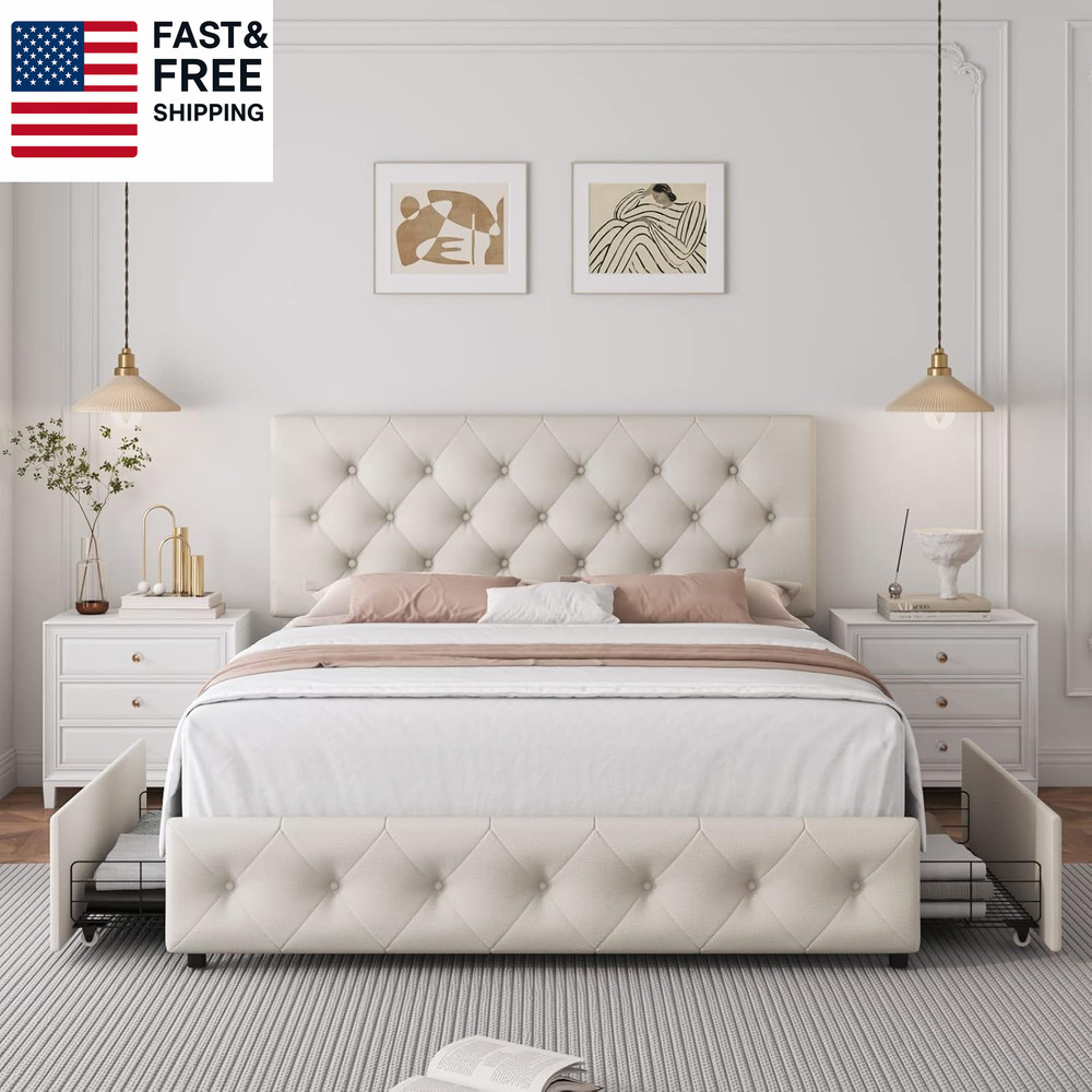 Queen Bed Frame with 4 Storage Drawers and Adjustable Headboard, Upholstered Pla
