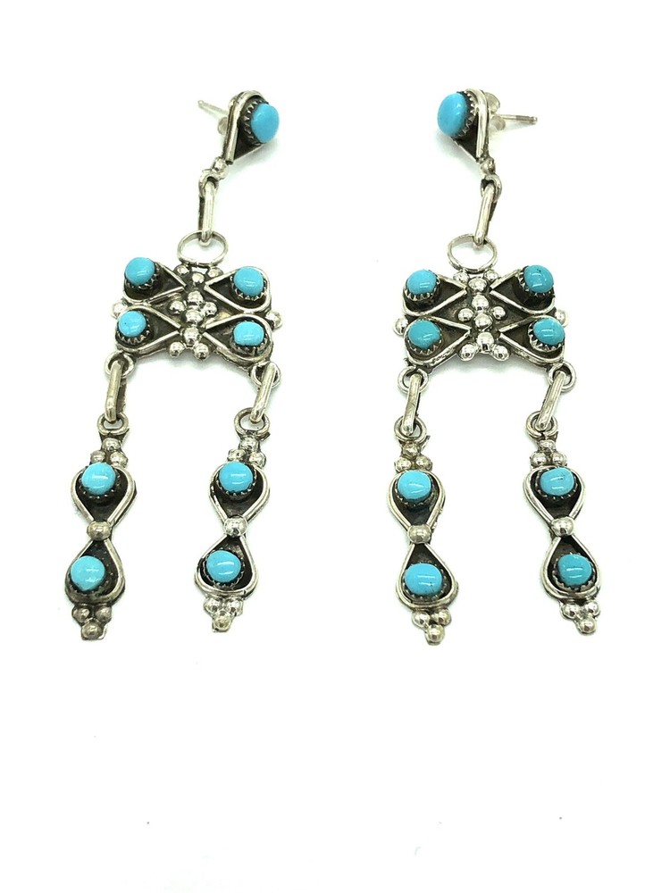 Native American Sterling Silver Handmade Zuni Turquoise Dangle Earring