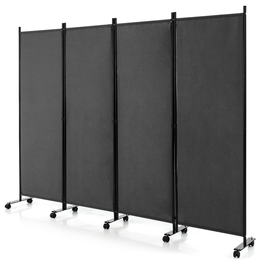 4-Panel Folding Room Divider 6FT Rolling Privacy Screen w/ Lockable Wheels Grey