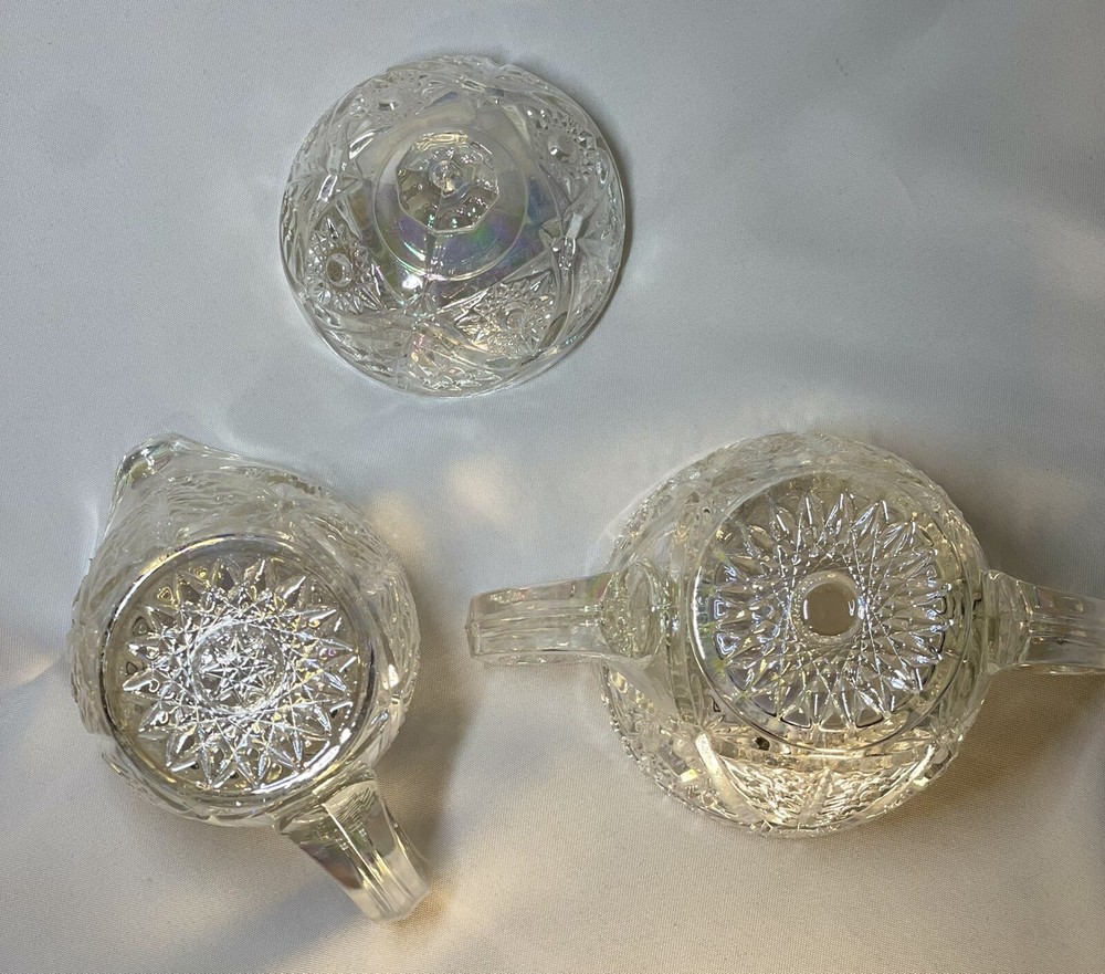 Valtec Pattern Sugar And Creamer Iridescent Clear Glass Lusterware L.E. Smith