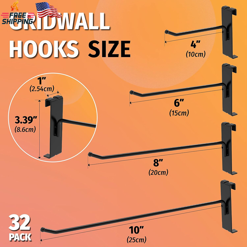 HUHOLE 32 Pack 6 Inch Gridwall Hooks for 3"X3" Wire Grid Panel – Black Heavy Dut