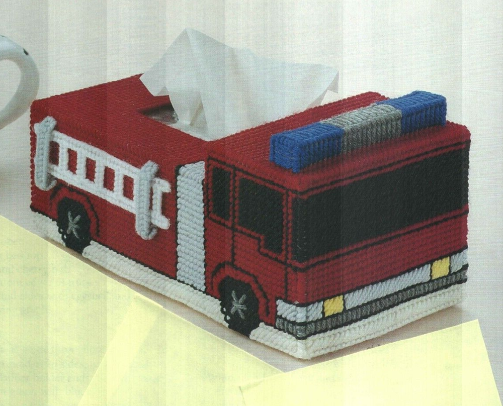 FIRE ENGINE TISSUE BOX COVER HOME DECOR PLASTIC CANVAS PATTERN INSTRUCTIONS HTF