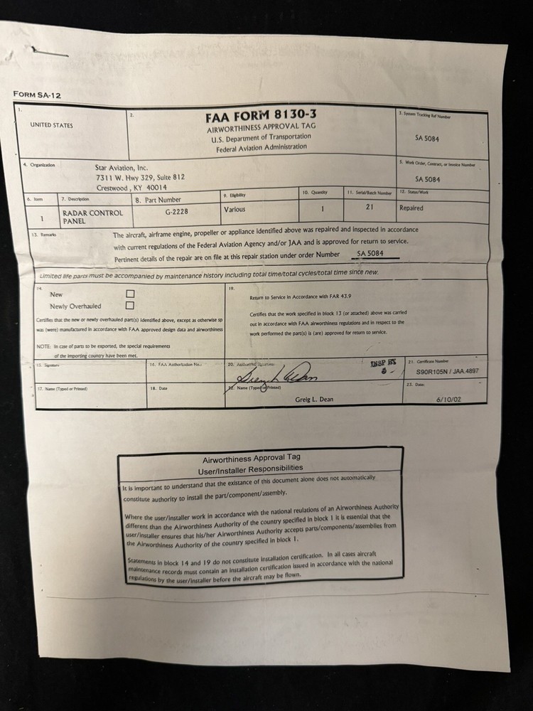 Radar Control Panel; G-2228; 21; REPAIRED