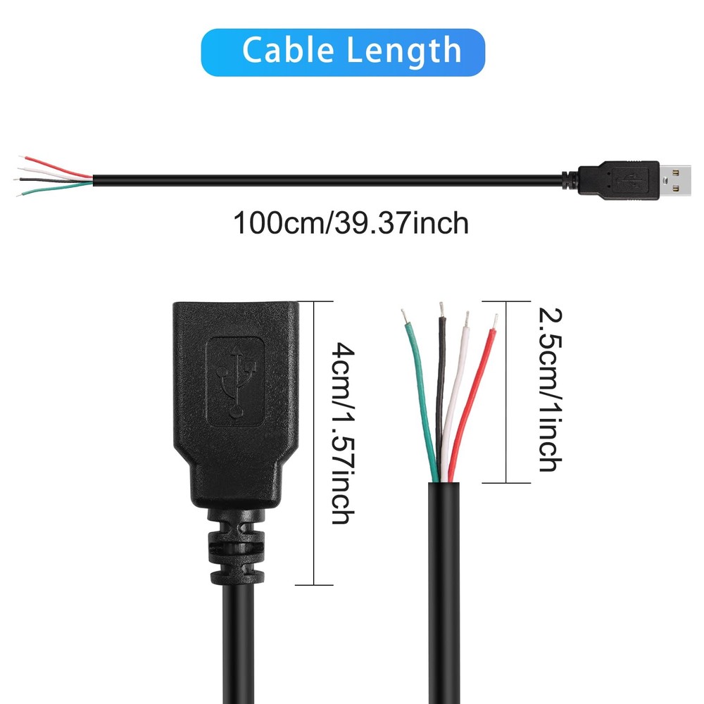 HATMINI 4Pcs USB 2.0 Female Plug 4pin Bare Wire Power Data Cable Black