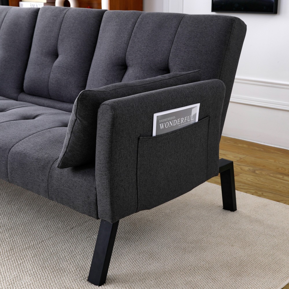 70-inch Multi-functional Cotton and Linen Sofa Bed, Foldable Side Storage