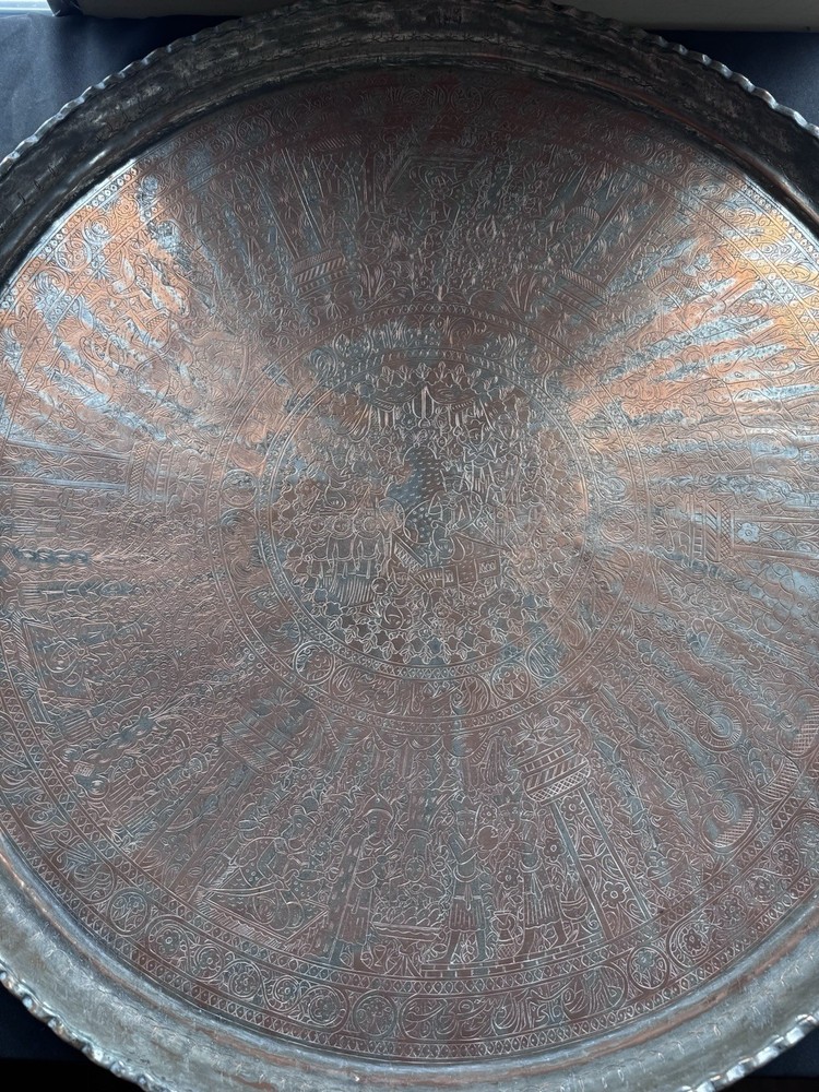 Vintage Islamic Middle Eastern Hammered Copper Platter Large 30”