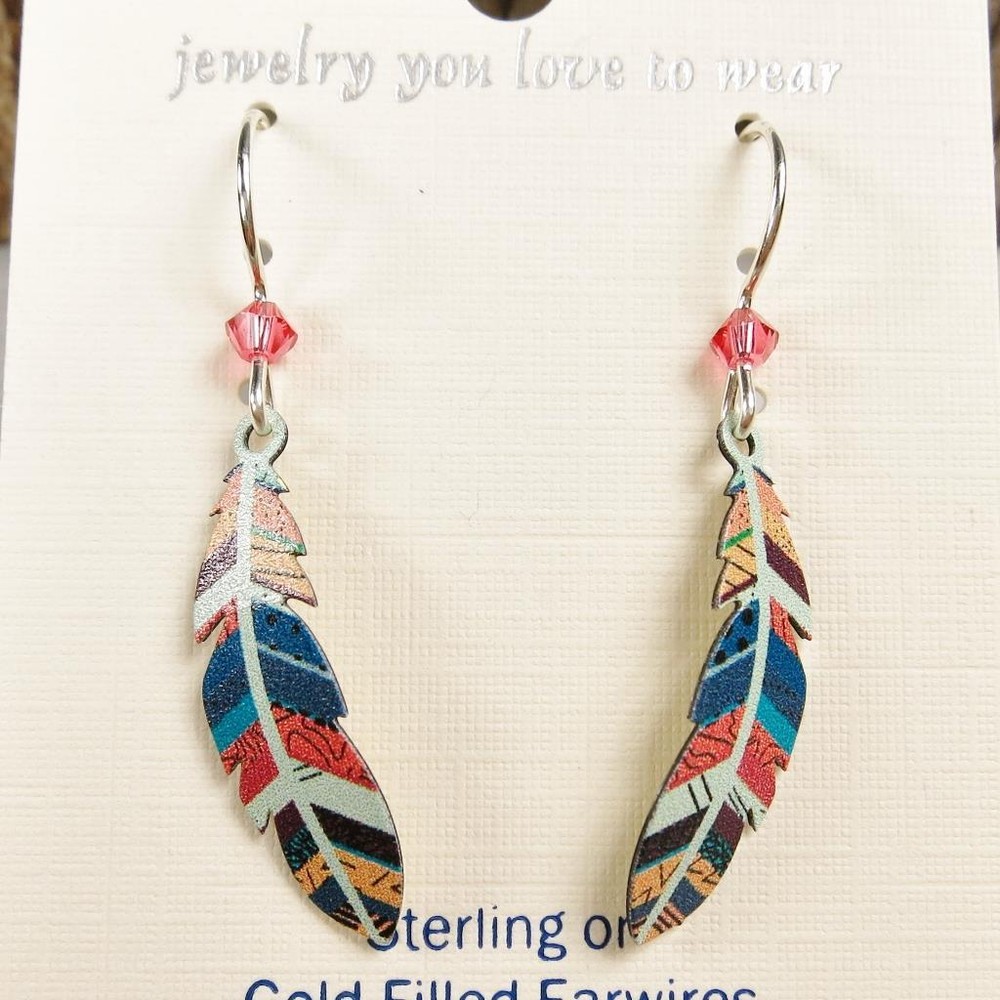 Sienna Sky Earrings Sterling Silver Hook UV Printed Multi-Colored Feather 1988
