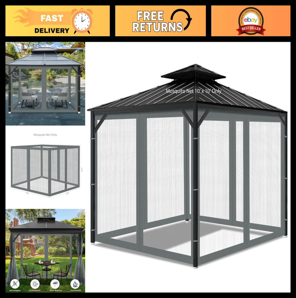 Universal Replacement Mosquito Netting for 10' x 10' Gazebo, 4-Panel Zippered Sc