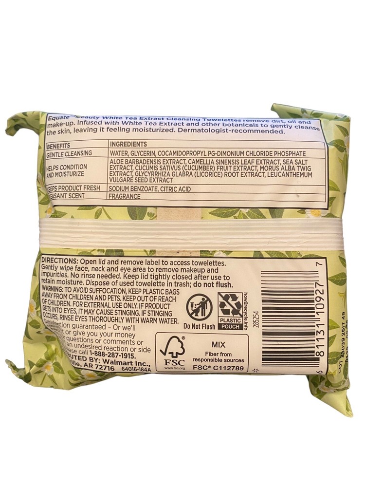 Equate White Tea Makeup Remover Cleansing Towelettes, 30 Count