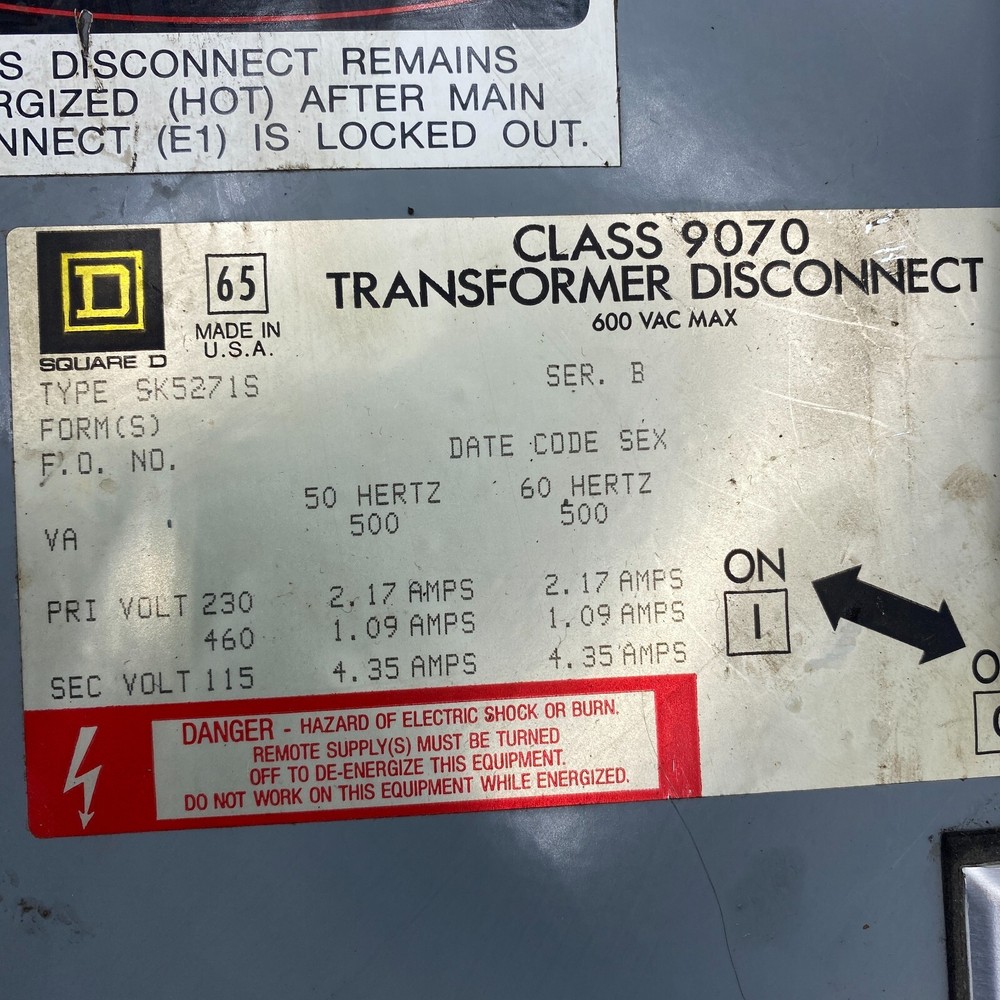 SQUARE D TYPE SK5271S TRANSFORMER DISCONNECT SWITCH CLASS 9070, K500D1 🎯