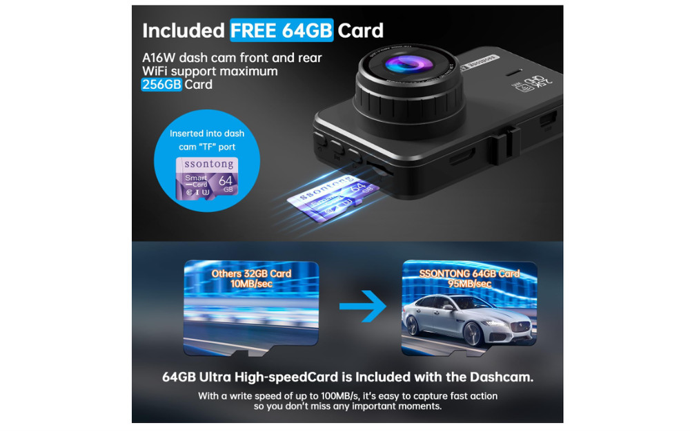 Dash Camera Front and Rear W/ WiFi/APP Control Dual for Cars