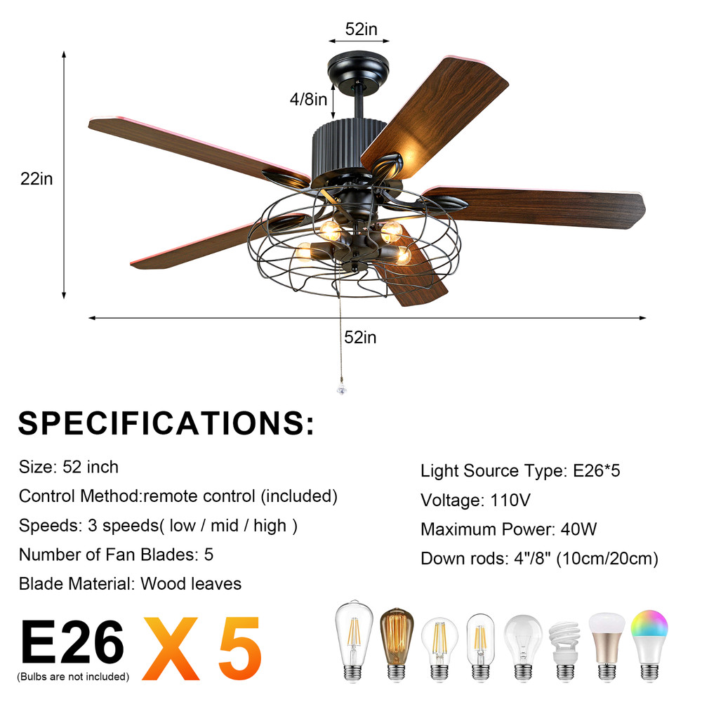 52Inch Industrial Ceiling Fan with Light Kit Dimmable