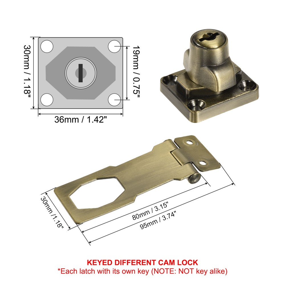 2Pcs 3Inch Keyed Hasp Locks Twist Knob Locking Keyed Different, Bronze