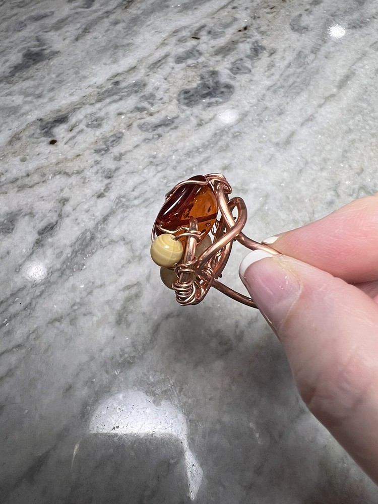 Artisan Hand Made Copper Ring With Amber, Size 6.5