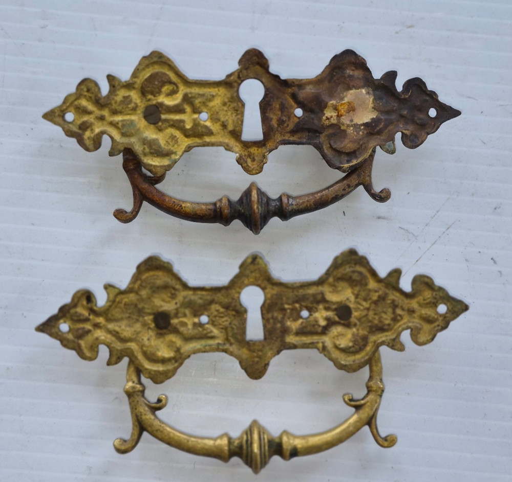Pair Solid Cast Brass Antique Drawer Pulls Bail Handle Ornate Aesthetic Movement