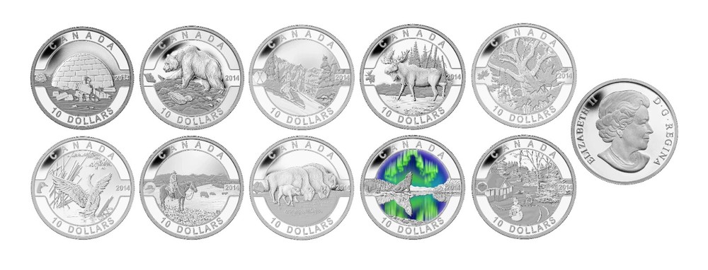 2014 $10 "O Canada" 10 Coin Set, Each Half Ounce Fine Silver