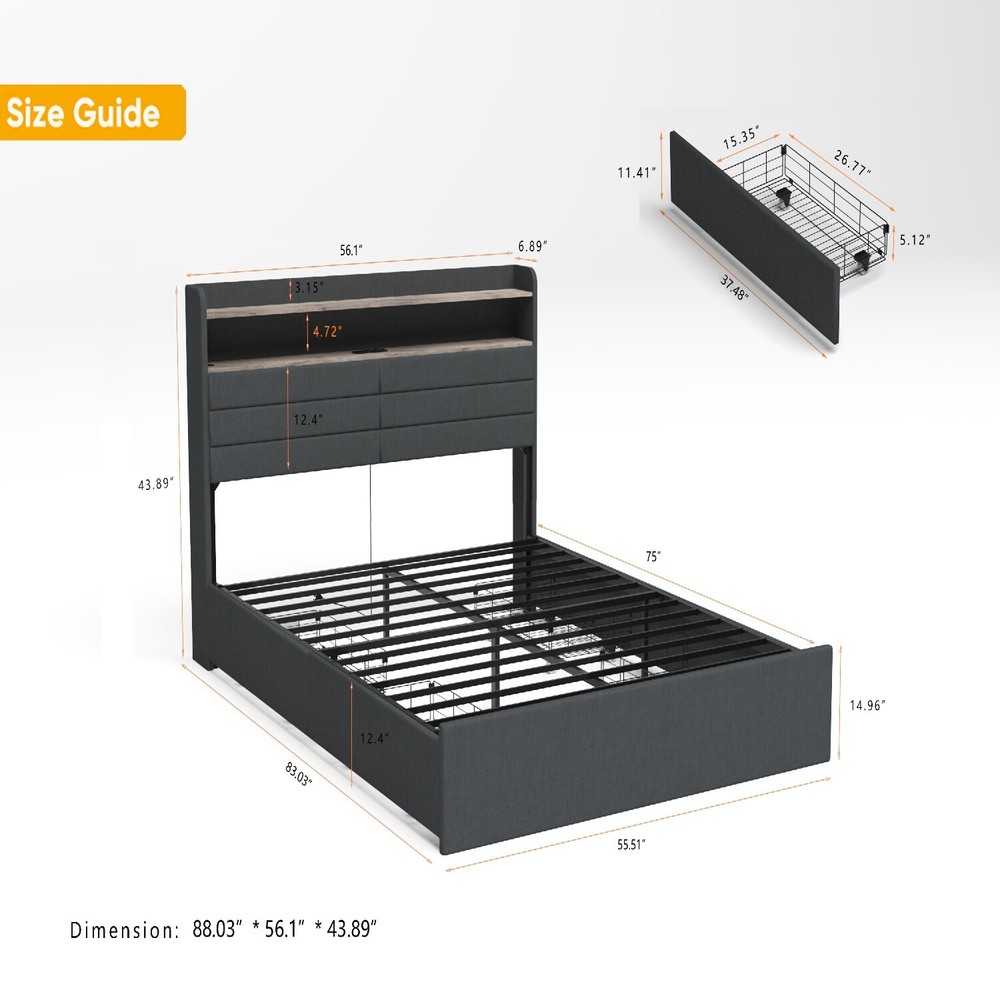 Full/Queen Size LED Bed Frame Upholstered Platform Bed w/ 4 Drawer & Headboard
