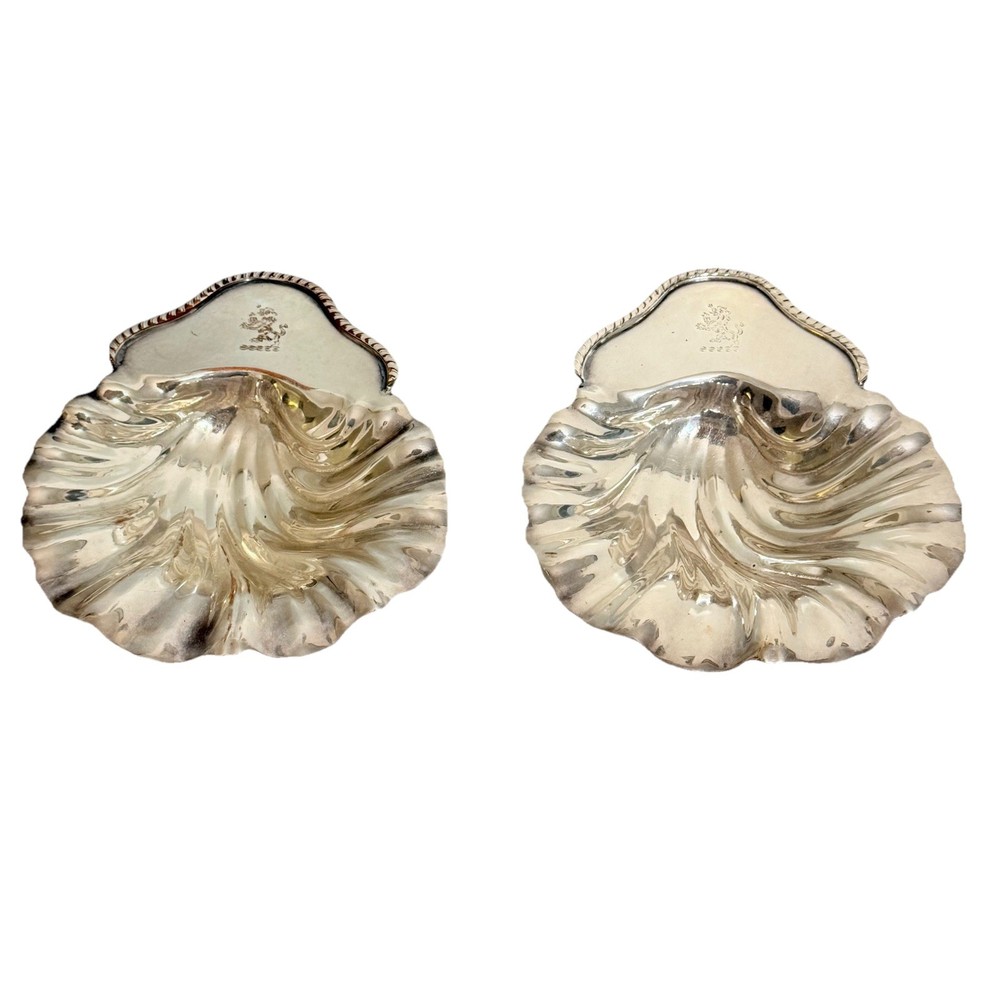 Pair Antique Shell Shape Silver Plated Footed Dishes w Armorial Crests Hallmarks