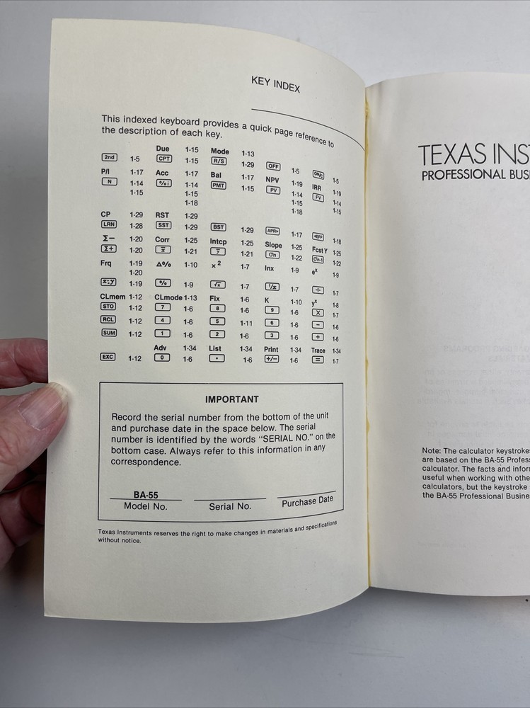 Texas Instruments Professional Business Analysts Guide BA-55 Manual