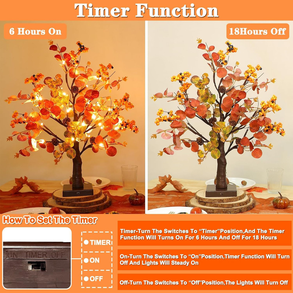 [ Prelit & Timer ] 2 Pack Fall Decor Tabletop Fall Tree with 48 LED Battery