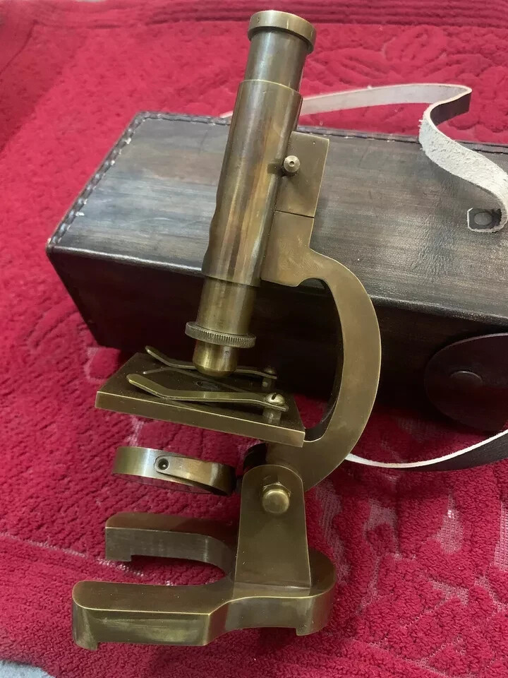 Brass Antique Microscope Student Microscope 9 '' Vintage Type With Leather Cover