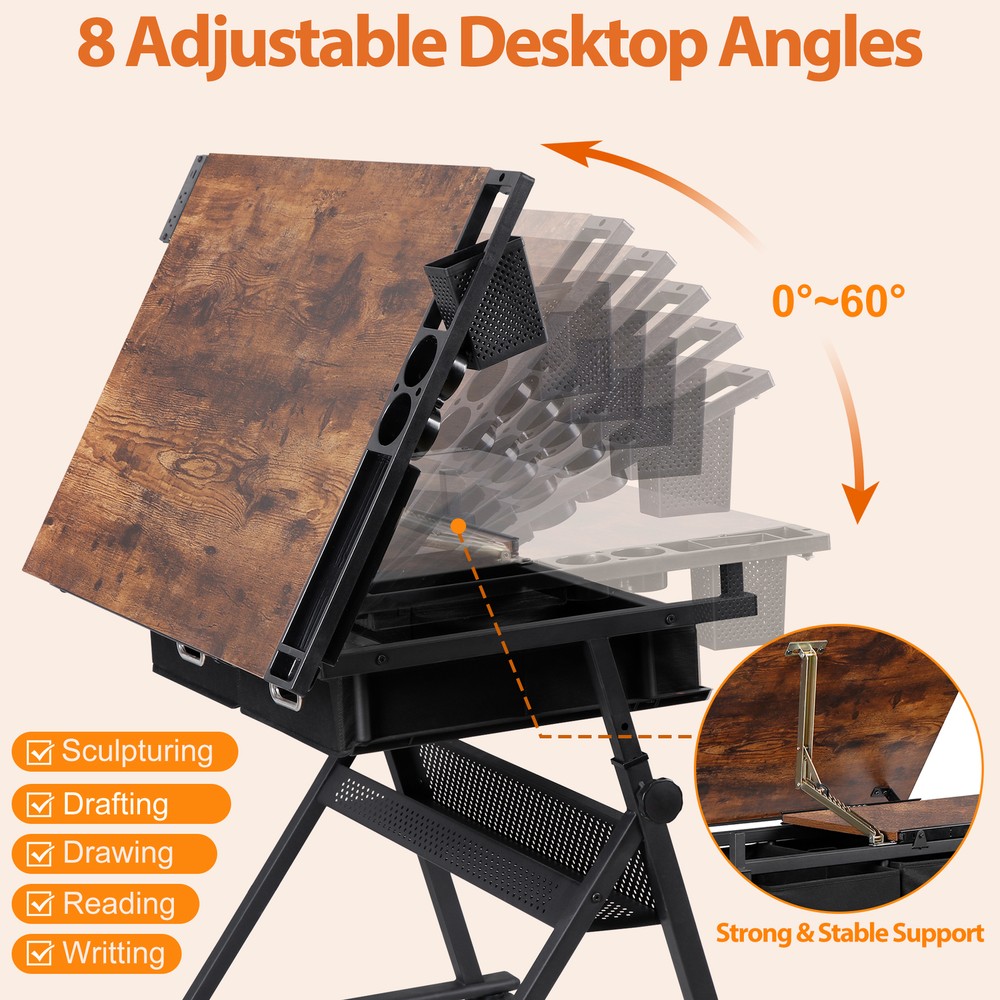 Adjustable Drafting Table for Artists - Drawing Table with Drawers & Outlet