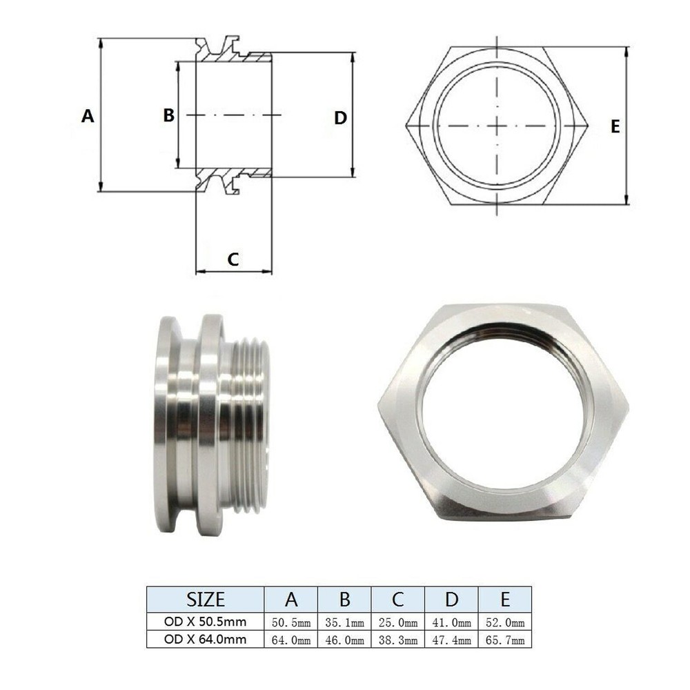 SS304 Stainless Steel Weldless Bulkhead 1.5"/2" Tri Clamp Kettle Bulkhead