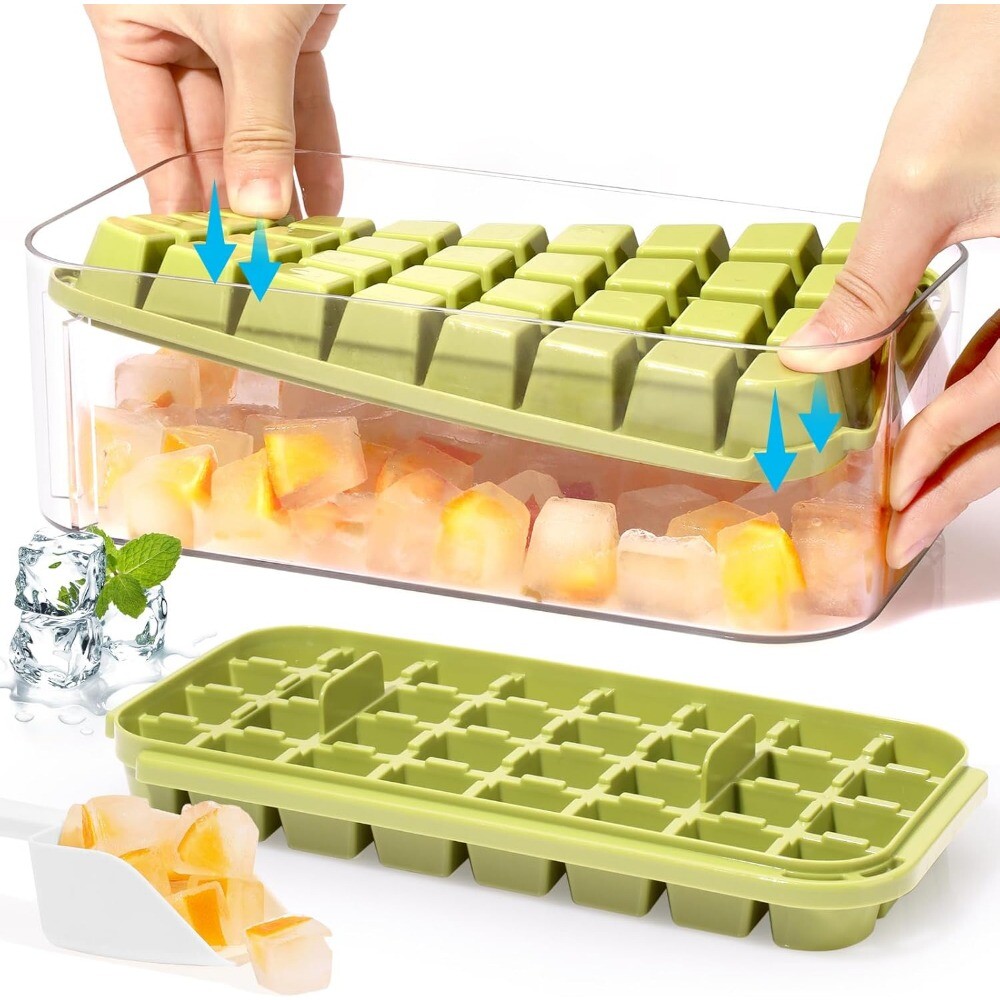 2 Pack Ice Cube Trays with Lid & Bin 64 Ice Cubes for Freezer Storage