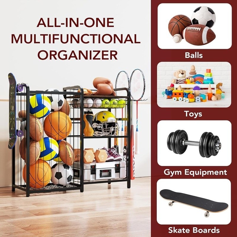 Sports Ball Storage Rack W/ Pull-Out Basket Multi-Function Hooks Organizer Black