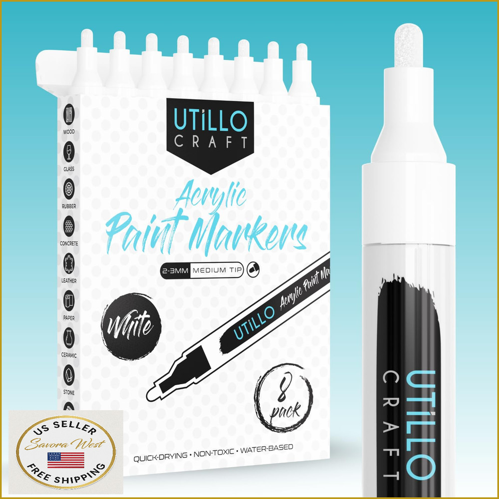 Utillo Craft 8-Pack White Paint Pens Medium Tip Made in Japan Bold 100% Coverage