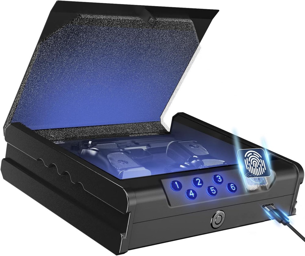 Gun Safe for 2 Pistols 3 Quick-Access Fingerprint Passcode Key Hand Gun Lock Box