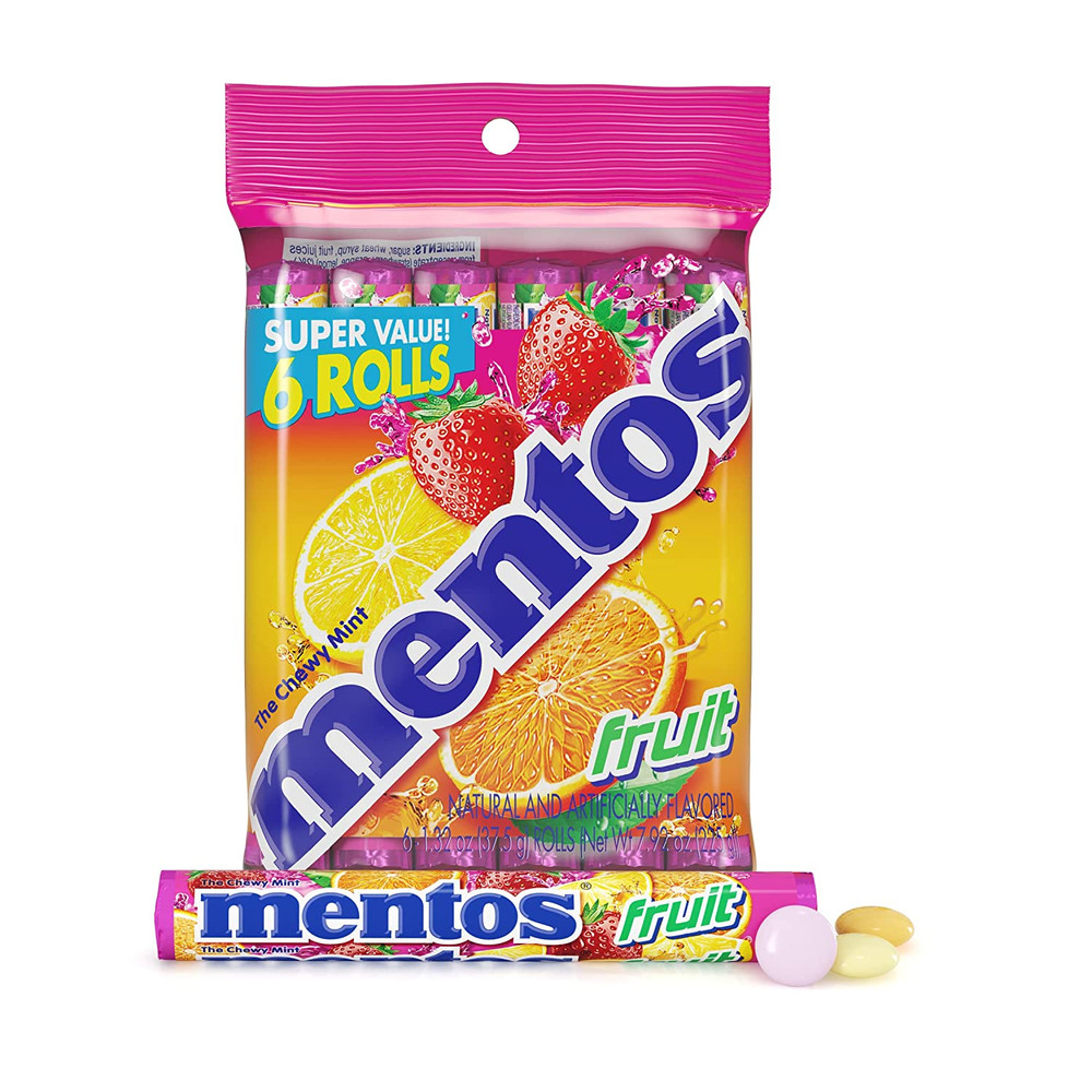 Mentos Chewy Candy Roll, Fruit, 1.32 Oz, 6 Count