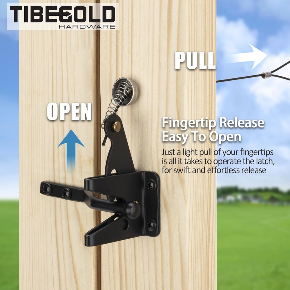 Self Locking Gate Latch with Spring Cable Pull, Black Gravity Lever Door...