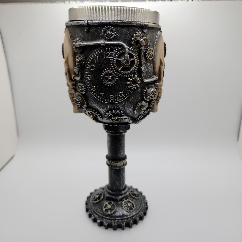 Steampunk Mechanical Gearwork Skull Face Wine Goblet 7.5”