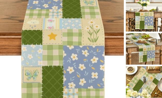 Patchwork Buffalo Plaid Floral 210 GSM Spring 13" x 72", Table Runner Green