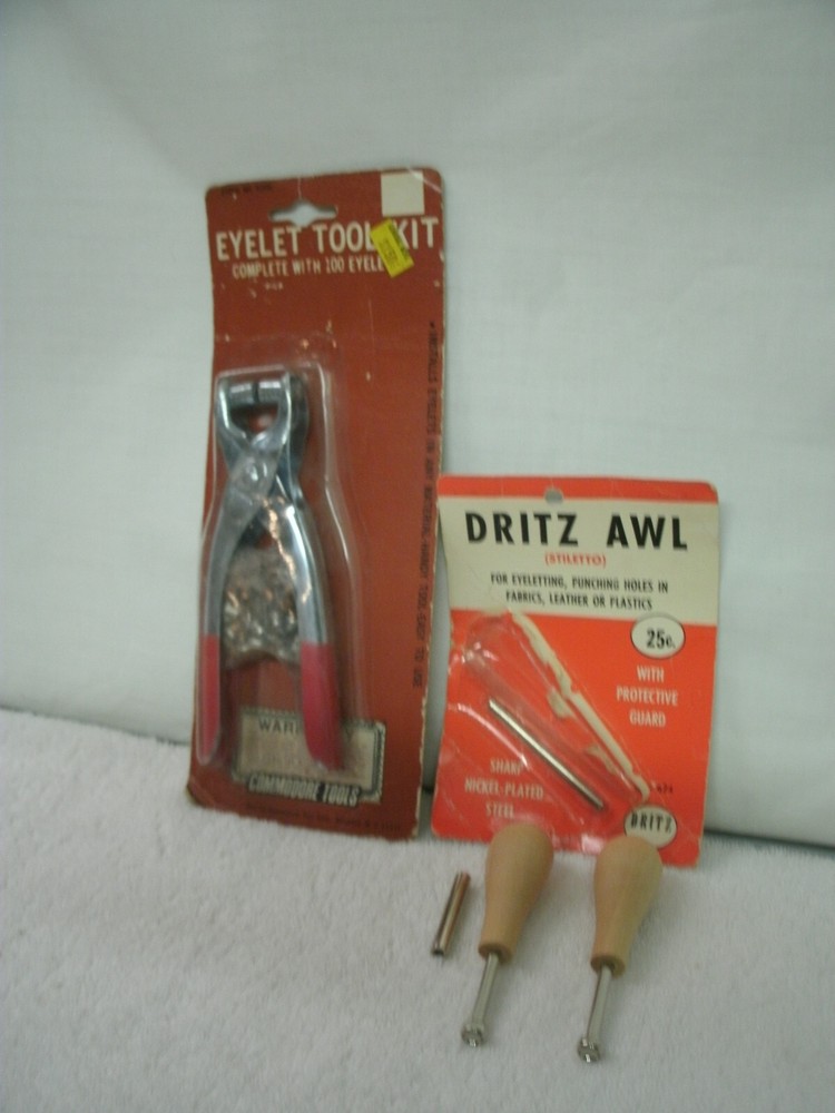 EYELET TOOL KIT--100 Eyelets Commodore Tools NIP & Dritz Awl--Pkg