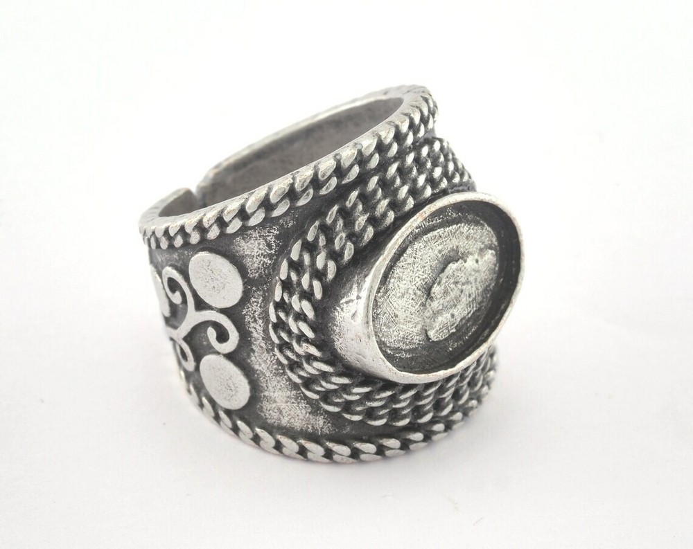 Ring Adjustable 10x14 Bezel Blank Setting Ring Antique Silver Plated Brass 3334