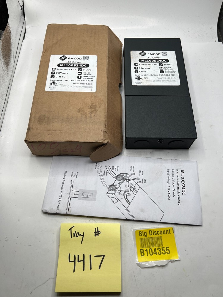OEM Emcod ML100S24DC LED Driver 24VDC, Class 2, 120V 60Hz 1A, 96W Maximum