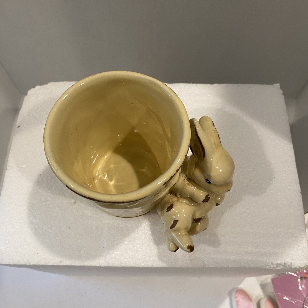 Rustic Yellow Bunny Rabbit on Pail Ceramic Small Planter