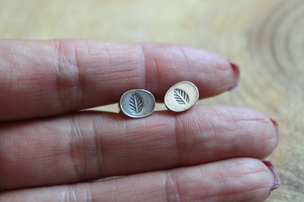 Stamped Sterling Silver LEAF Petite Stud 8mm Earrings